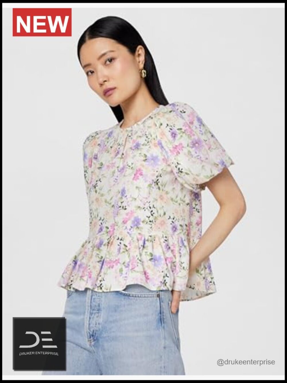 Floral Puff Sleeve Crew Neck Peplum Top Blouse - Picture 4 of 6